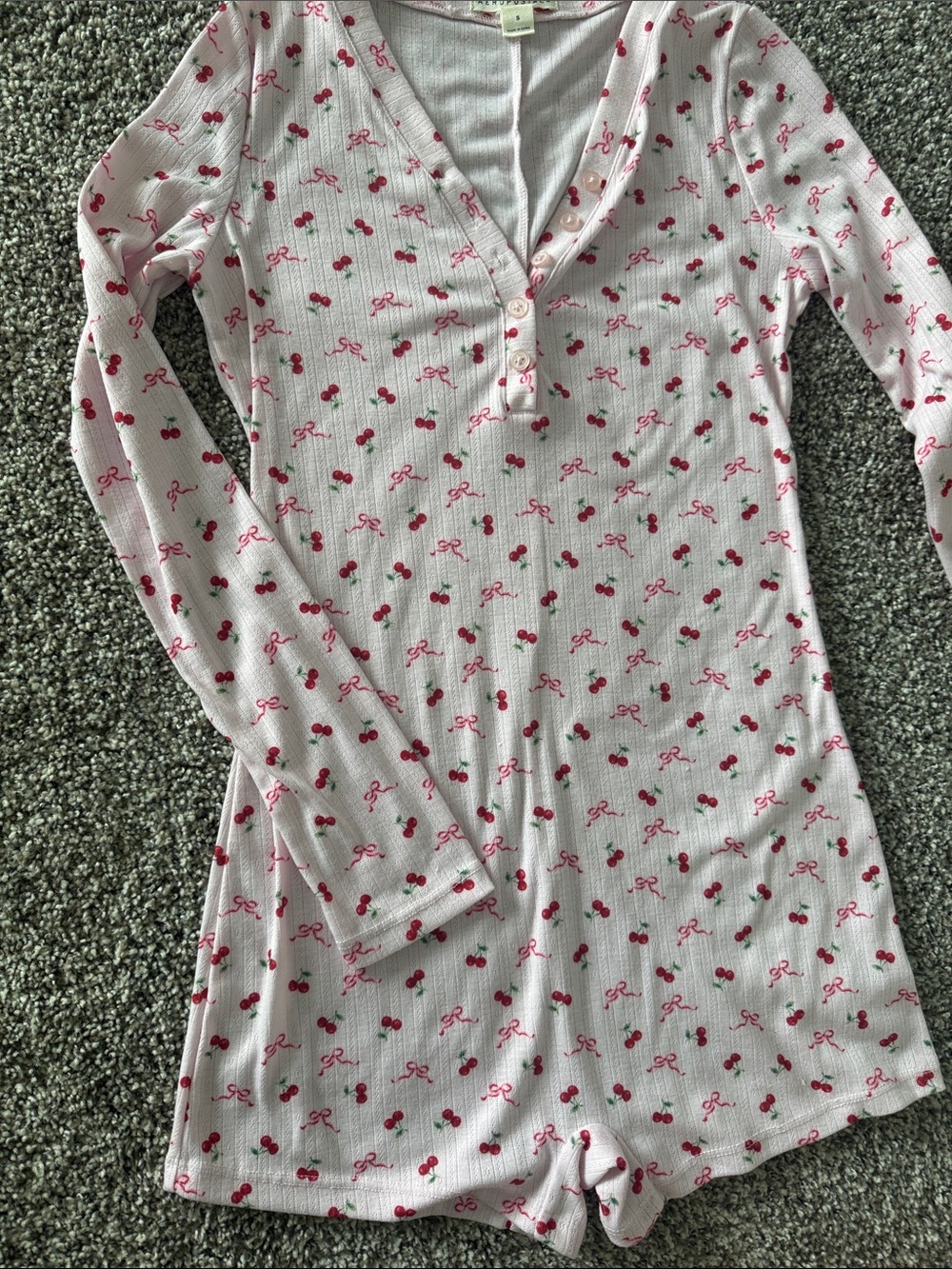 Pink Cherry Print Ribbed Romper - Picture 4 of 4